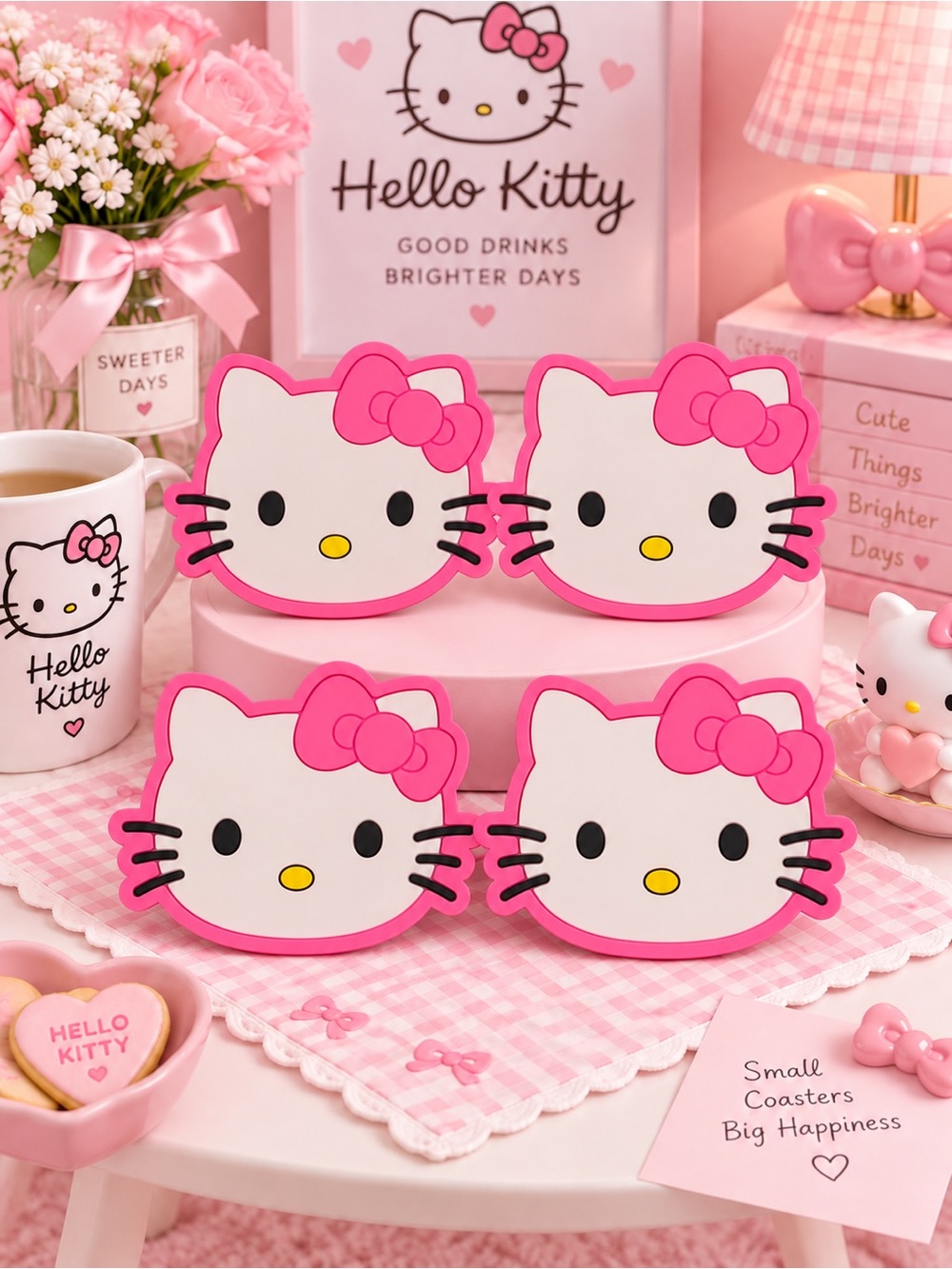 Hello Kitty Silicone Drink Coasters Set of 4 Pink White NWT